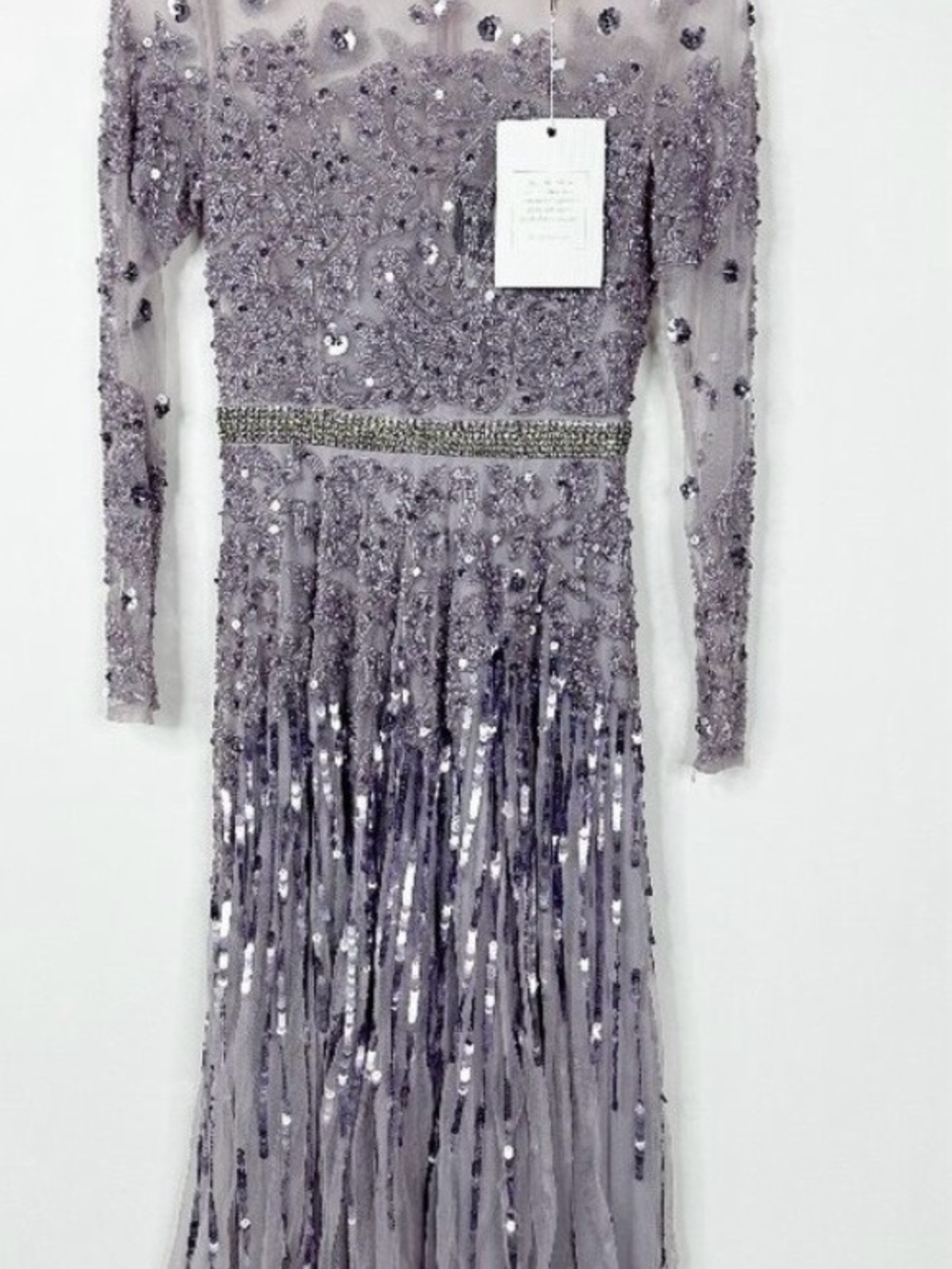 NWT Mac Duggal Illusion High Neck Long-Sleeve Tea Length Dress Lilac #9857 - Picture 3 of 7